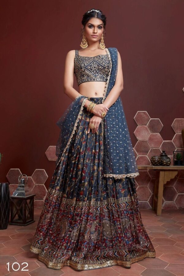 Teal Blue Designer Embroidered Lehenga Choli Set in Chinnon Silk and Soft Net