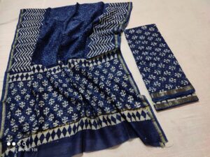 Indigo Collection- Chanderi Pure Handloom Block Printed 3 Pcs Cotton Silk Suits with Gold Zari