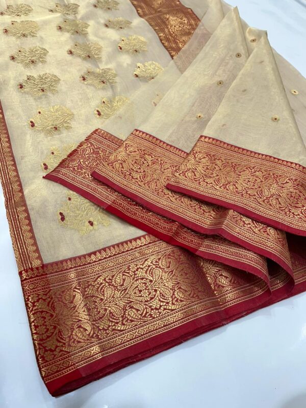 Fawn and Red Chanderi Pure Handloom Pure Katan Tissue Silk Saree with Nakshi Borders and Meenakari Buttas