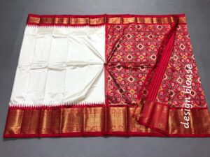 Silk Mark Certified White and Red Exclusive Pochampally Ikkat Pure Handloom Patola Design Kanchi Borders Pure Silk Saree