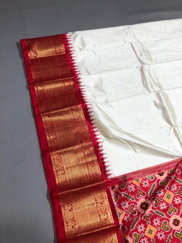 Silk Mark Certified White and Red Exclusive Pochampally Ikkat Pure Handloom Patola Design Kanchi Borders Pure Silk Saree