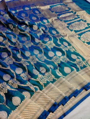 Silk Mark Certified Peacock Blue Banarasi Handloom Pure Khaddi Katan Silk Handmade Cutwork Gold Zari Saree