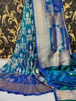 Silk Mark Certified Peacock Blue Banarasi Handloom Pure Khaddi Katan Silk Handmade Cutwork Gold Zari Saree