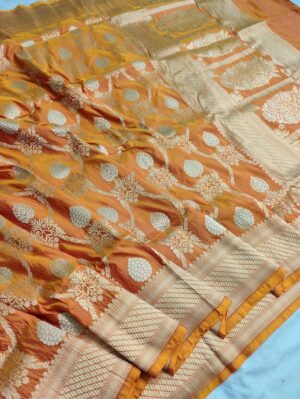 Silk Mark Certified Dual Tone Orange Banarasi Handloom Pure Khaddi Katan Silk Handmade Cutwork Gold Zari Saree