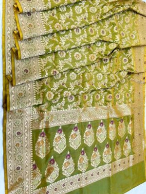 Silk Mark Certified Dual Tone Green Banarasi Handloom Pure Khaddi Katan Silk Gold Zari Cutwork Meenakari Saree