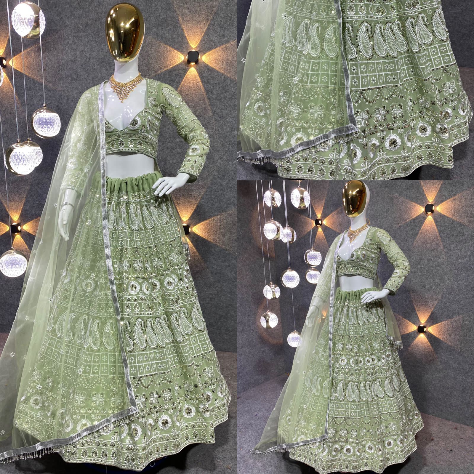 Buy Light Green Organza Heavy Embroidered N Stones Umbrella Lehenga Wedding  Wear Online at Best Price | Cbazaar