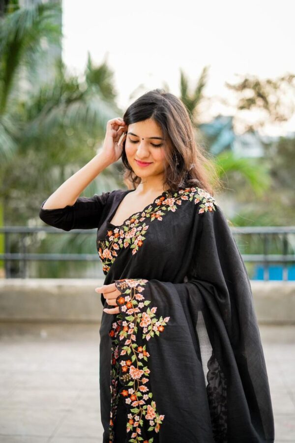 Black Multicolor Thread and Sequins Embroidered Vichitra Silk Designer Saree