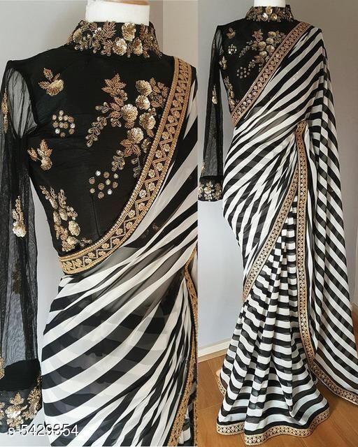 Black and White Digital Print with Sequins Embroidered Borders Georgette Designer Saree