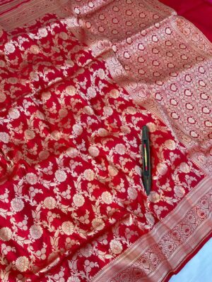 Silk Mark Certified Red Banarasi Pure Handloom Pure Khaddi Katan Silk Saree with Gold Zari Cutwork Weaving