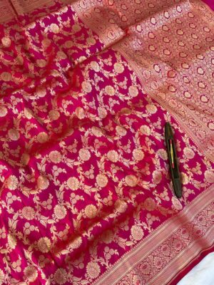 Silk Mark Certified Rani Banarasi Pure Handloom Pure Khaddi Katan Silk Saree with Gold Zari Cutwork Weaving