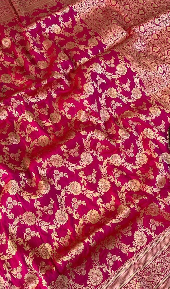 Silk Mark Certified Rani Banarasi Pure Handloom Pure Khaddi Katan Silk Saree with Gold Zari Cutwork Weaving