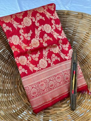 Silk Mark Certified Red Banarasi Pure Handloom Pure Khaddi Katan Silk Saree with Gold Zari Cutwork Weaving