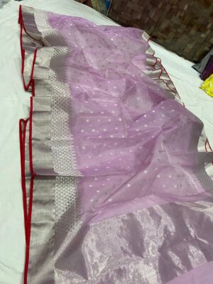 Pastel Lilac Chanderi Pure Handloom Pure Katan Silk Gold Zari Double Handwork Borders Saree