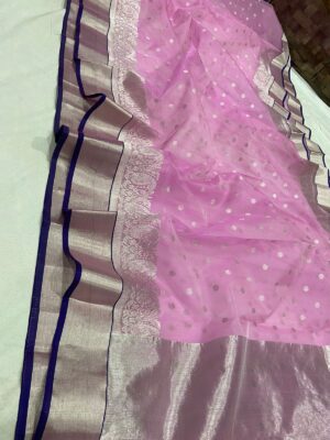 Pink Chanderi Pure Handloom Pure Katan Silk Silver Zari Double Handwork Borders Saree