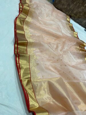 Pastel Peach Chanderi Pure Handloom Pure Katan Silk Gold Zari Double Handwork Borders Saree
