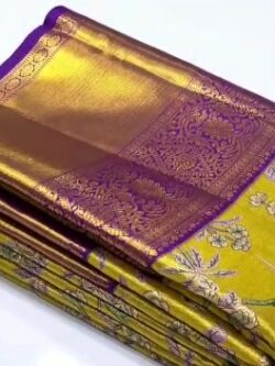 Silk Mark Certified Mustard and Purple Kanchipuram Handloom 4D Premium Gold Zari Brocade Silk Saree