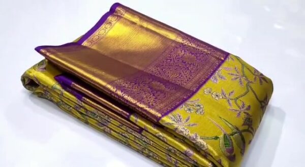 Silk Mark Certified Mustard and Purple Kanchipuram Handloom 4D Premium Gold Zari Brocade Silk Saree