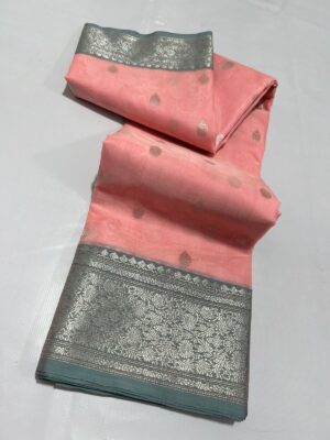 Peach Chanderi Pure Handloom Pure Katan Silk Saree with Nakshi Borders Meenakari Buttas in Silver Zari