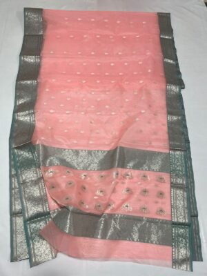 Peach Chanderi Pure Handloom Pure Katan Silk Saree with Nakshi Borders Meenakari Buttas in Silver Zari