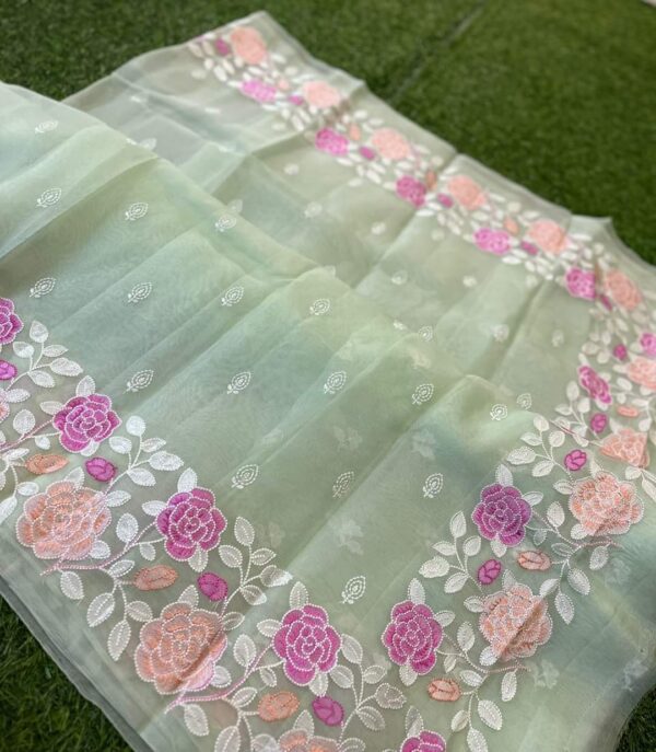 Silk Mark Certified Pastel Shades Banarasi Pure Handloom Pure Organza Silk Sarees with Chikankari Work