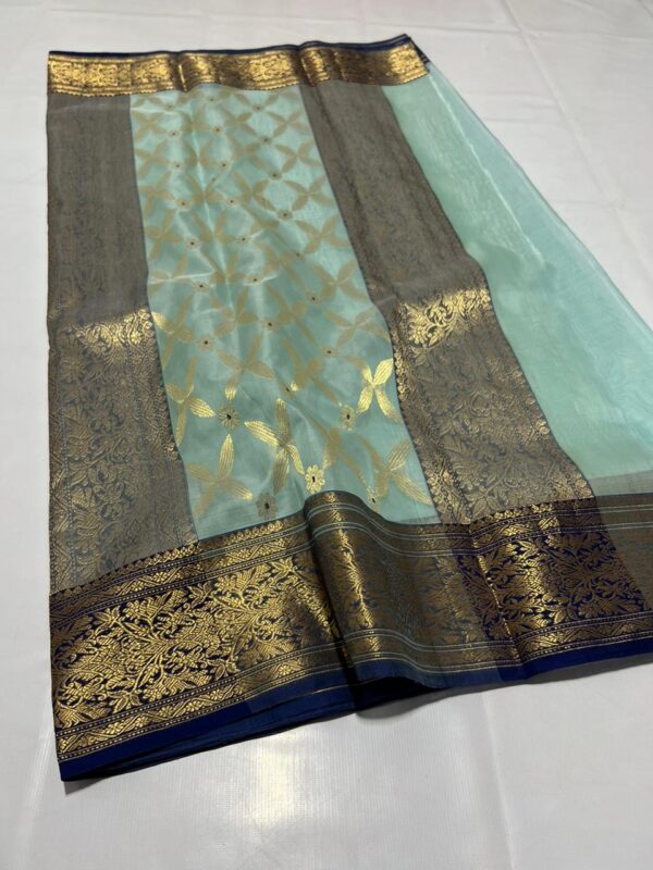 Dual Tone Pastel Green Chanderi Pure Handloom Pure Katan Silk Saree with Gold Zari Buttas and Nakshi Borders