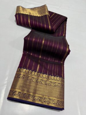Wine Chanderi Pure Handloom Pure Katan Silk Saree with Gold Zari Stripes, Borders and Pallu