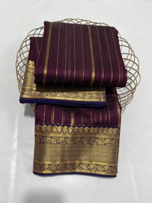Wine Chanderi Pure Handloom Pure Katan Silk Saree with Gold Zari Stripes, Borders and Pallu