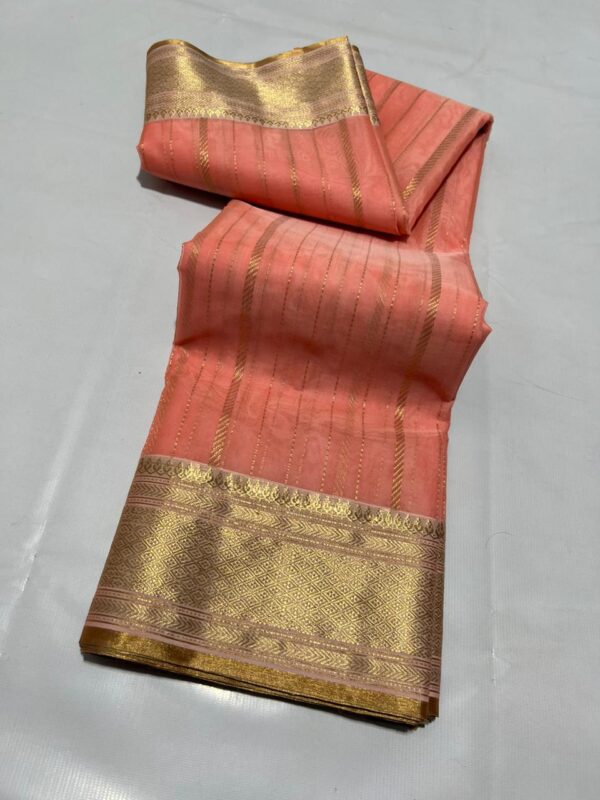 Peach Chanderi Pure Handloom Pure Katan Silk Saree with Gold Zari Stripes, Borders and Pallu