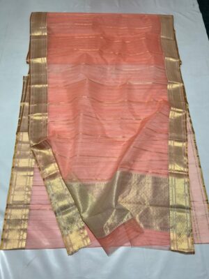 Peach Chanderi Pure Handloom Pure Katan Silk Saree with Gold Zari Stripes, Borders and Pallu