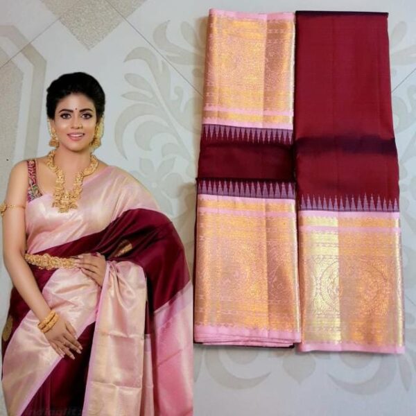 Silk Mark Certified Maroon Pure Kanchipuram/ Kanjivaram Handloom Pure Korvai Gold Zari Bridal Silk Saree