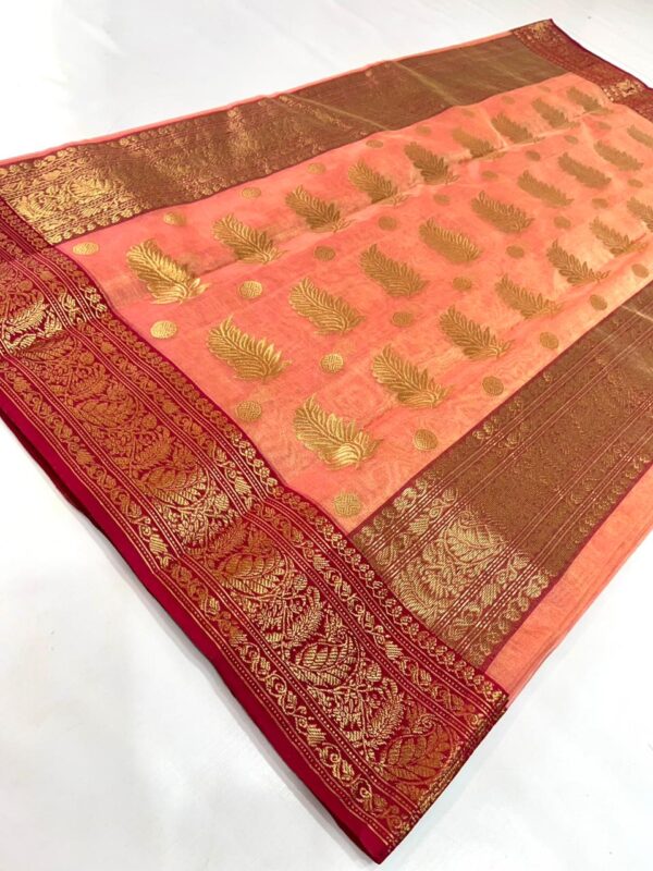 Dual Tone Peach and Red Chanderi Handloom Pure Katan Tissue Silk Saree with Gold Zari Buttas and Nakshi Borders