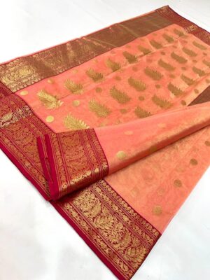 Dual Tone Peach and Red Chanderi Handloom Pure Katan Tissue Silk Saree with Gold Zari Buttas and Nakshi Borders