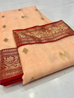 Peach and Red Chanderi Pure Handloom Pure Katan Silk Saree with Gold Zari Buttas and Nakshi Borders Saree