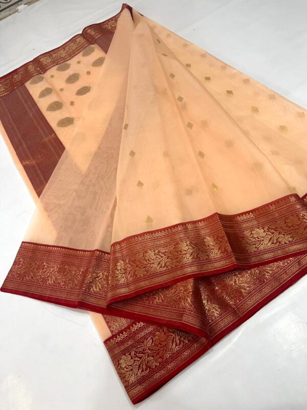 Peach and Red Chanderi Pure Handloom Pure Katan Silk Saree with Gold Zari Buttas and Nakshi Borders Saree