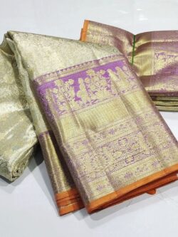 Silk Mark Certified Dual Tone Comsilk/Pale Lemon Kanchipuram Handloom Gold Zari Tissue Silk Saree