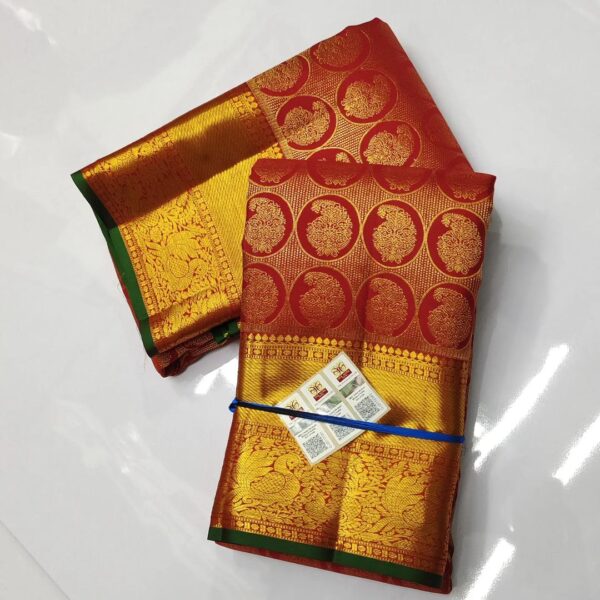 Silk Mark Certified Red and Green Pure Kanchipuram Handloom 1 Gram Pure Gold Zari Bridal Silk Saree