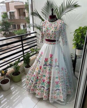 Pearl White Designer Malai Satin Silk Embroidered Party Lehenga Choli Set