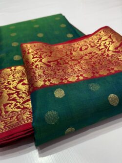 Bottle Green and Red Chanderi Pure Handloom Pure Katan Silk Meenakari Buttas and Nakshi Borders Saree