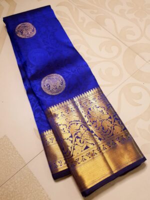 Silk Mark Certified Royal Blue Pure Kanchipuram/ Kanjivaram Handloom Pure 2G Gold Zari Embossed Silk Saree