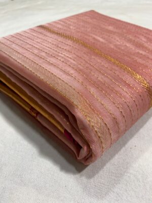 Pink and Red Chanderi Pure Handloom Pure Katan Silk Self Stripes Big Nakshi Borders Saree
