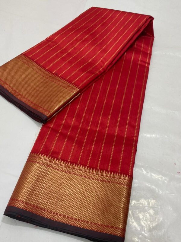 Bright Red Chanderi Pure Handloom Pure Pattu Silk All Over Stripes Nakshi Borders Saree