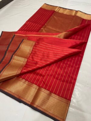 Bright Red Chanderi Pure Handloom Pure Pattu Silk All Over Stripes Nakshi Borders Saree