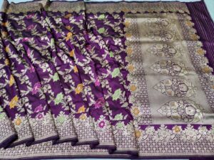 Silk Mark Certified Purple Banarasi Pure Handloom Pure Katan Silk Jangla Cutwork Sona Roopa Zari Meenakari Scallop Borders Saree