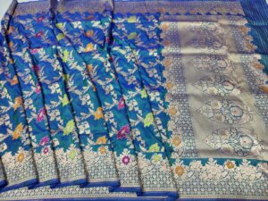 Silk Mark Certified Blue Banarasi Pure Handloom Pure Katan Silk Jangla Cutwork Sona Roopa Zari Meenakari Scallop Borders Saree