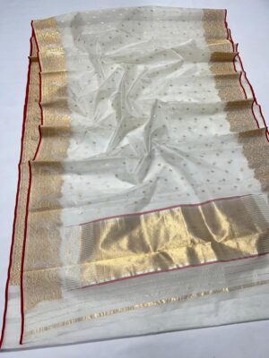 Pearl White Chanderi Pure Handloom Katan Silk Meenakari Handwork Borders Saree