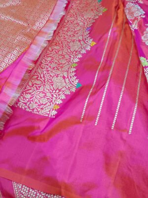 Silk Mark Certified Dual Tone Pink Banarasi Handloom Kaduva Jangla Meenakari Pure Katan Silk Bridal Saree