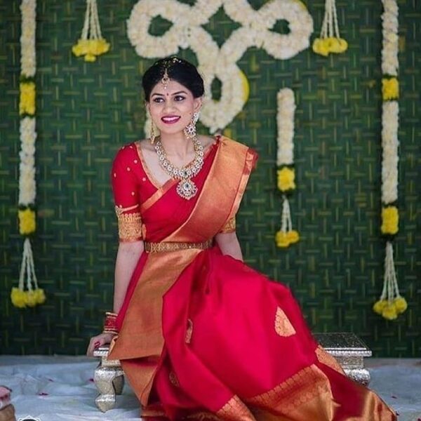 Silk Mark Certified Red Kanchipuram Handloom Traditional Fancy Big Border Bridal Silk Saree