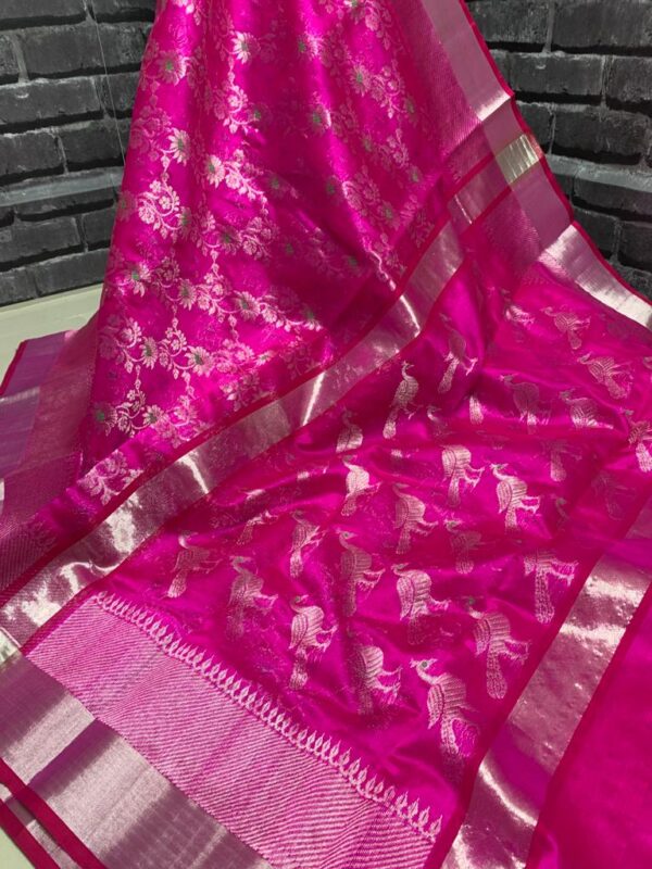 Rani Pink Chanderi Pure Handloom Silver Zari Meenakari Jaal Handwork Borders Pattu Silk Saree