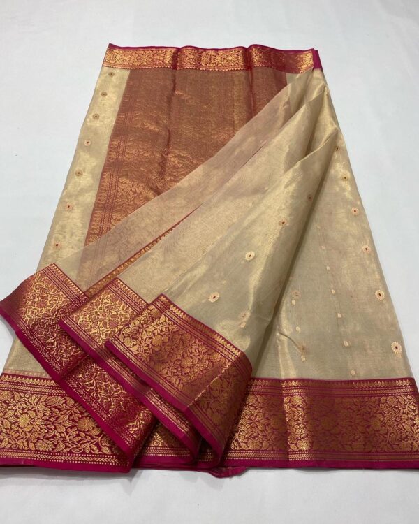 Beige and Red Chanderi Pure Handloom Pure Katan Tissue Silk Saree with Nakshi Borders and Meenakari Buttas