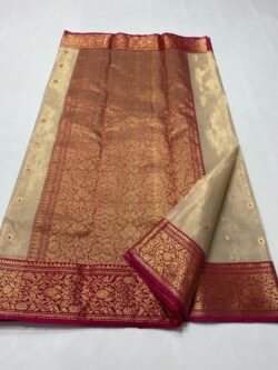 Beige and Red Chanderi Pure Handloom Pure Katan Tissue Silk Saree with Nakshi Borders and Meenakari Buttas